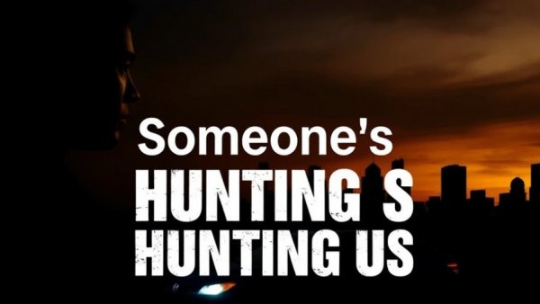 Mysterious city scene with text 'Someone's Hunting Us', evokes suspense.