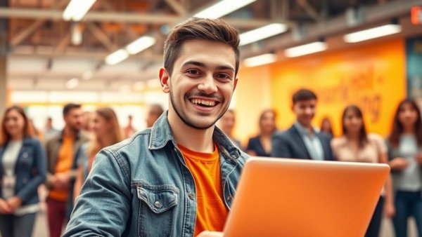 Young man showcasing digital marketing services with a vibrant orange theme.