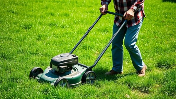 Spring lawn care in Muskegon: person mowing lush grass.