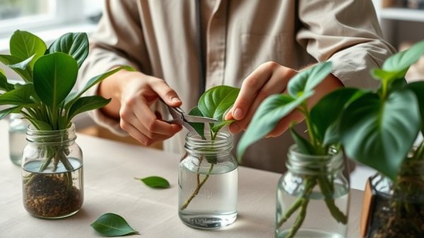 Hands propagating philodendron plants with scissors and jars.