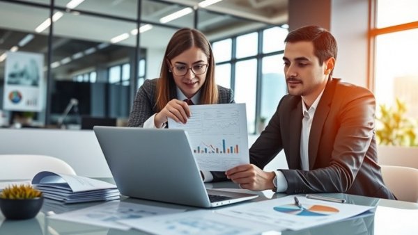 Business professionals review data on laptop in modern workspace.