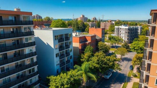 Urban Westwood apartment buildings under clear sky.