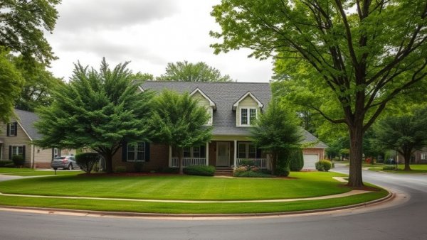 Charming suburban home in Michigan, lush lawn and mature trees, serene view.