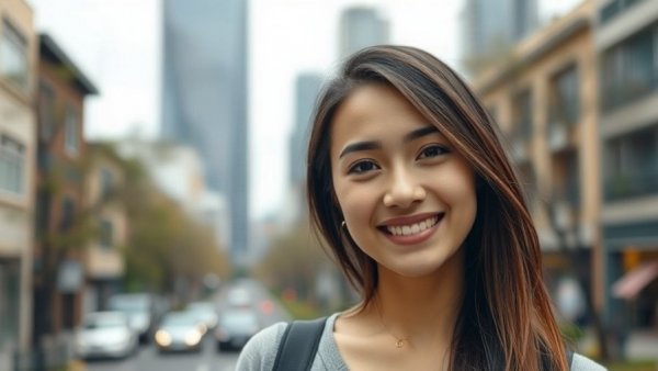 Confident young woman in urban setting, transitioning to entrepreneurship.