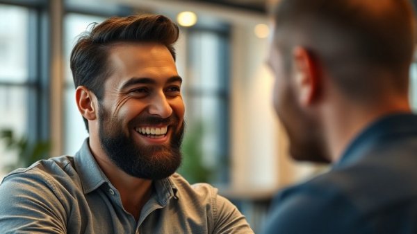 Casual office setting with bearded man smiling, discussing AI washing layoffs.