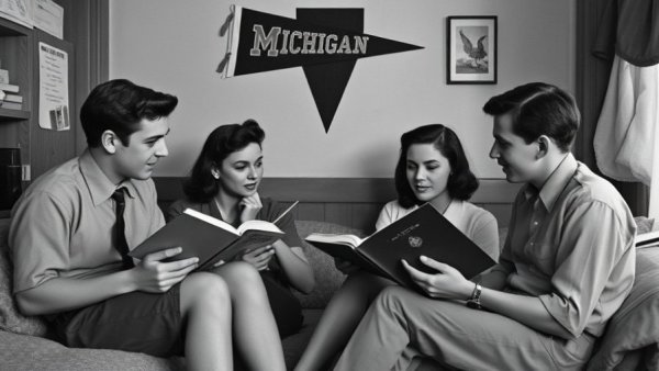 1940s University of Michigan students in a dorm room, Stanley Kubrick era.