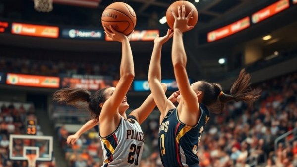 Michigan women's basketball tournament performance intense game, players reaching for the ball.