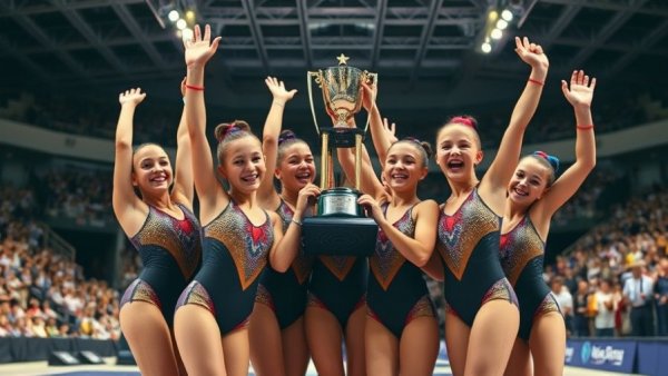 Hartland gymnastics team celebrates state title repeat victory indoors.