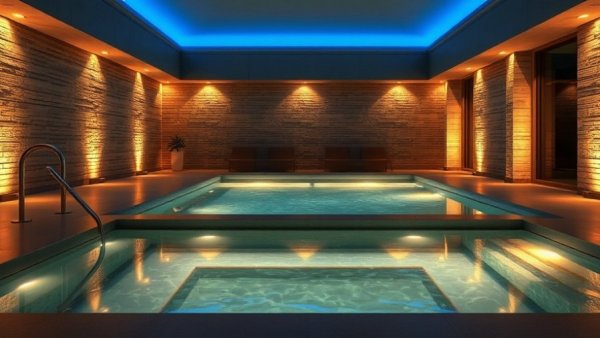 Modern spa pool with ambient lighting in a tranquil wellness third space.