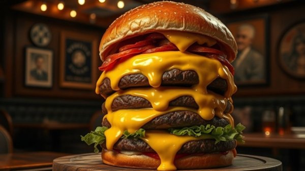 Massive cheeseburger from Michigan restaurant, dripping cheese.