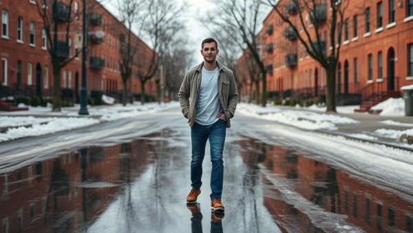 Casual man navigating slushy street in Muskegon, residential area.