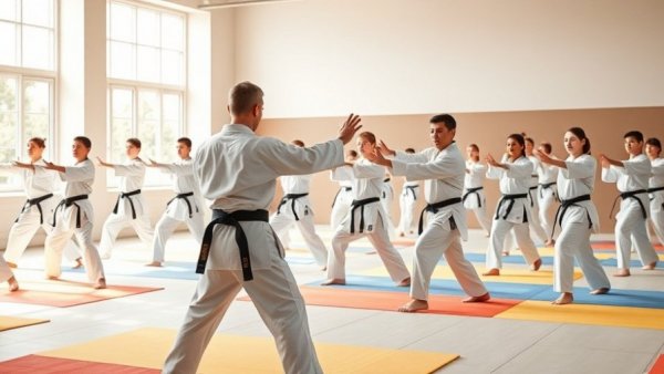 Karate class in session with students practicing in a bright, spacious dojo.
