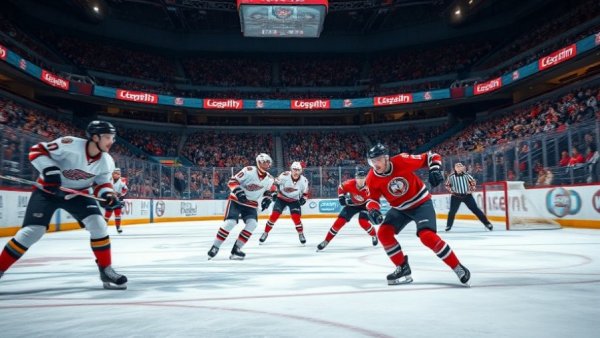 Hockey players in dynamic action during a game, on ice rink.