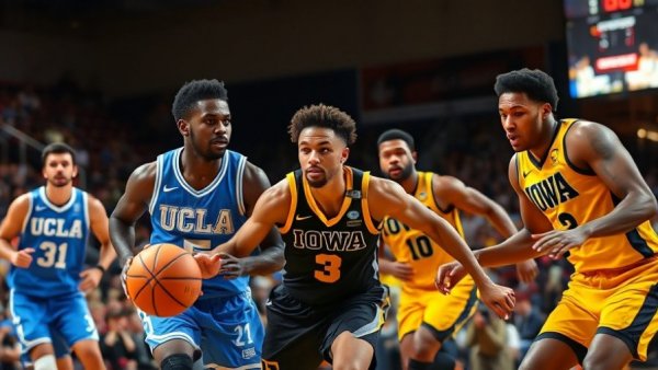 Intense basketball action: UCLA vs Iowa Big Ten Championship.
