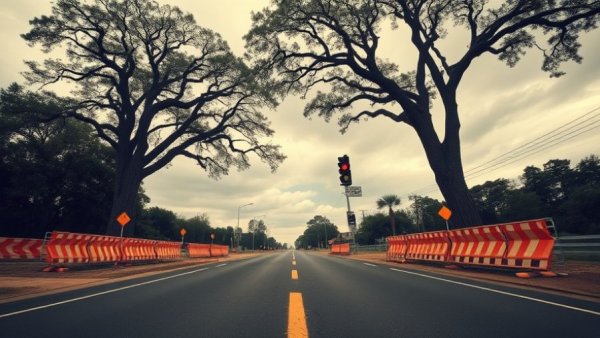 Michigan road construction site with temporary traffic signal and equipment.