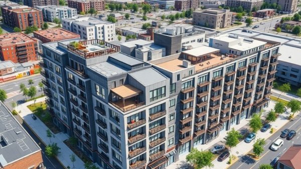 Modern 45 apartments, community food hall in Grand Rapids rendering.