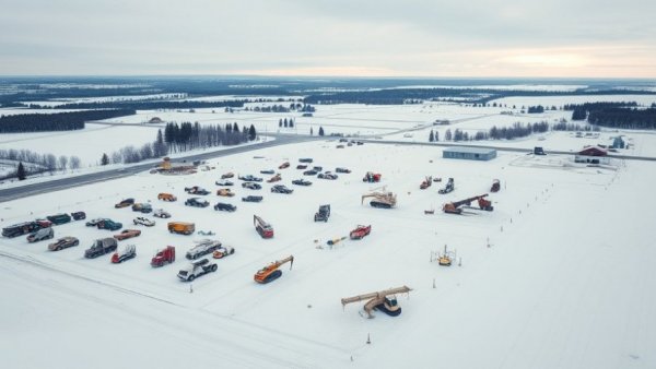 Aerial view of a snowy Michigan construction site, highlighting the data center moratorium.
