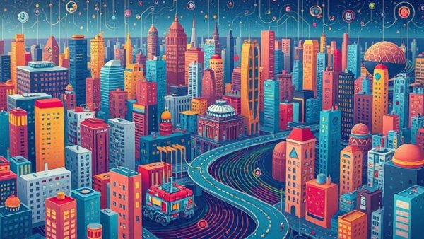 Abstract cityscape illustrating last mile problem in AI, with data lines.