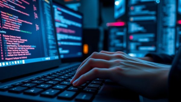 Futuristic management of AI agents with virtual screens displaying code.