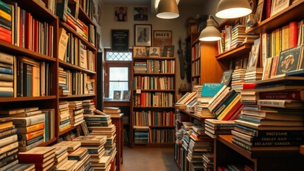 Cozy independent bookstore in Michigan with stacks of books and warm lights, literary travel trend.