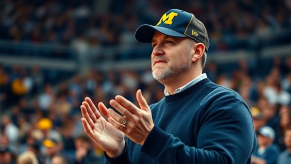Michigan University supporter applauding at a sports event.