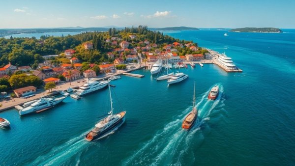 Aerial view of Northern Michigan harbor, lush and vibrant.