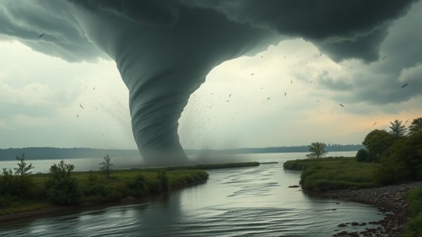 Union City tornado over river with intense swirling winds.