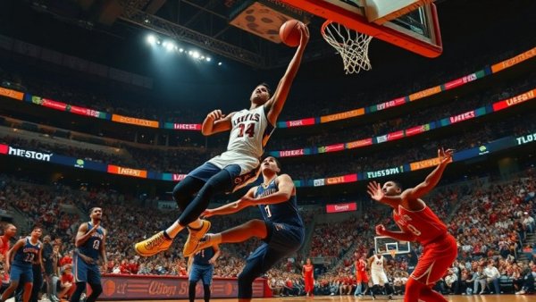 Michigan basketball player leaps for a basket against rivals.