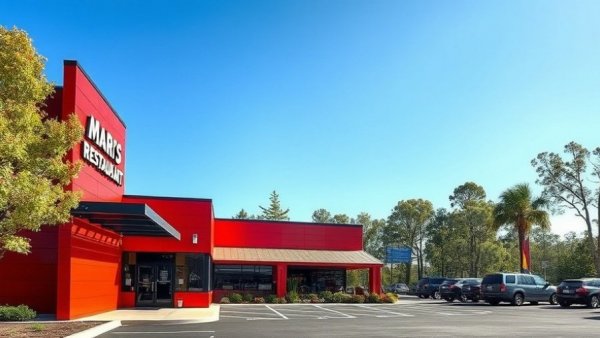 New Rock & Brews Restaurant in Michigan, modern red facade with clear sky.