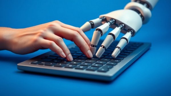 Human and robot hands typing on keyboard, AI collaboration for business
