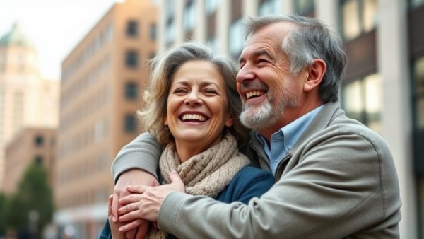 Happy couple in urban setting, relating to silver tsunami small business succession planning.