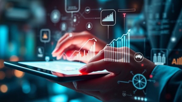 Hands using digital tablet with tech icons, showcasing data in small business accounting.