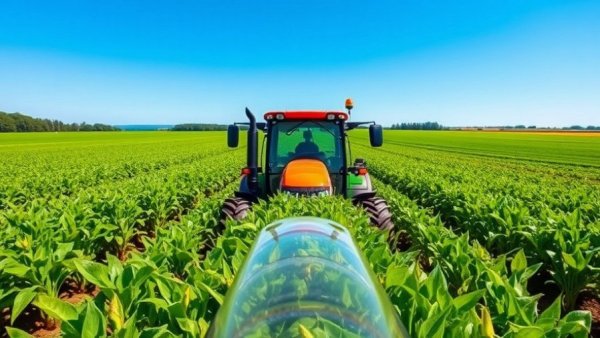 Michigan farmland preservation, vibrant green crops with tractor foreground.