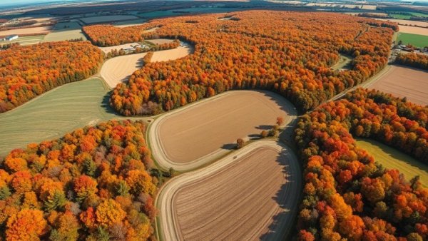 Aerial view of Michigan farmland in autumn with colorful fields and forests.