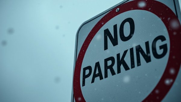 No parking sign covered with snowflakes, Muskegon winter scene.