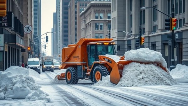 Snow removal services in action on a busy urban street.