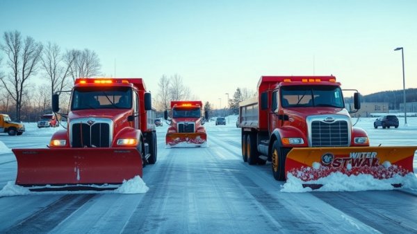 Snow removal vehicles in Muskegon parking lot with clear sky.