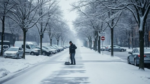 Snow-covered Anchorage sidewalk during snow removal.