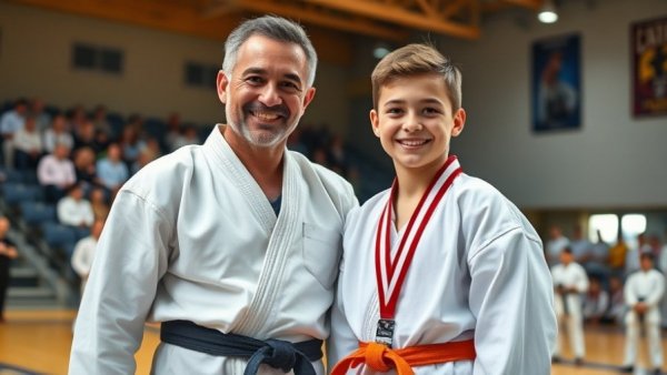 Inland Empire AAU Karate Team coach and young champion at martial arts event.