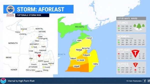 Michigan storm forecast graphic showing risk levels and warnings.