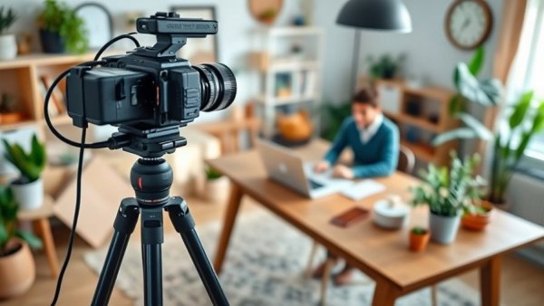 Interactive video production setup with camera and laptop in home studio.