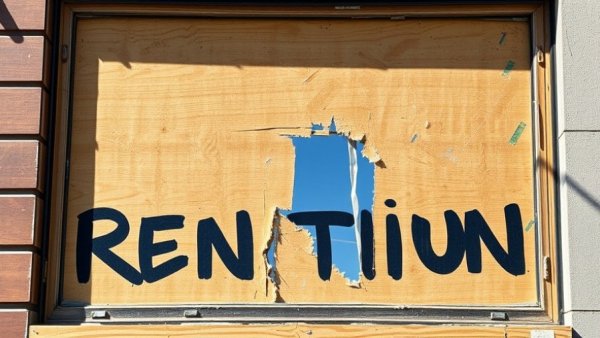 Boarded-up window needing rental property oversight services.