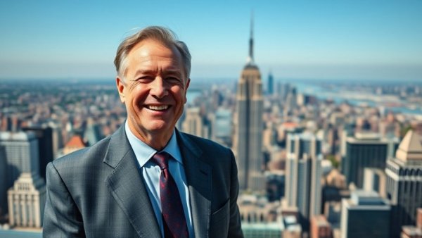 Older man smiling with city skyline for rental property oversight services.