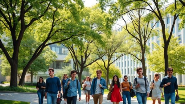 University of Michigan students walking across campus on sunny day.