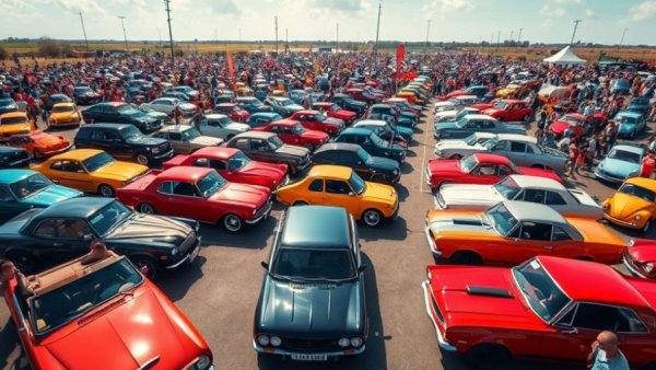 Aerial view of Modded Detroit Car Show 2026 with colorful cars.