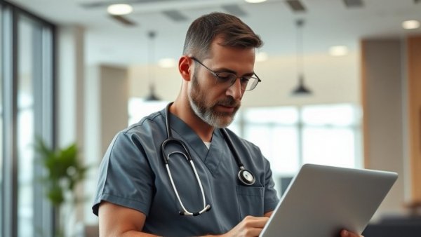 Doctor reviewing documents in office for Michigan doctors license renewal.