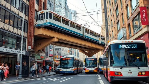 Bustling city transportation with train and bus, Michigan transportation construction updates.