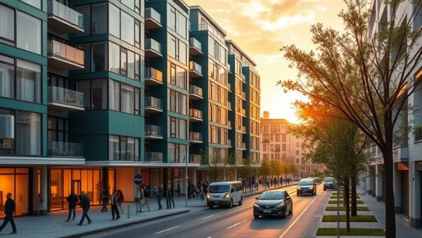 Modern housing development in San Francisco at sunset.
