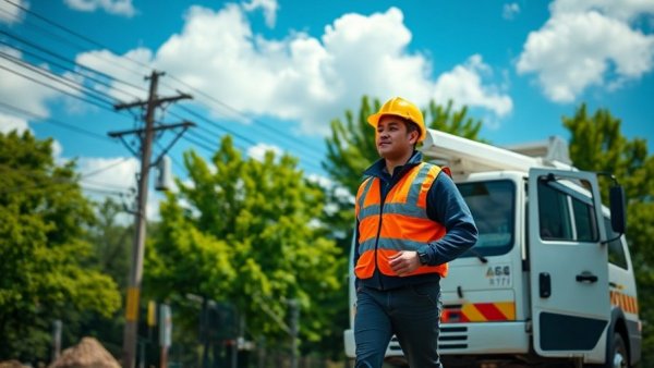 Efficient utility truck and worker in a power line setting, highlighting operational efficiency.