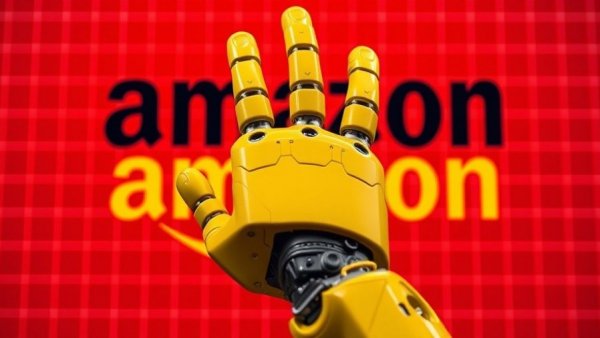 AI impact on business operations illustrated with robotic hand and Amazon logo.